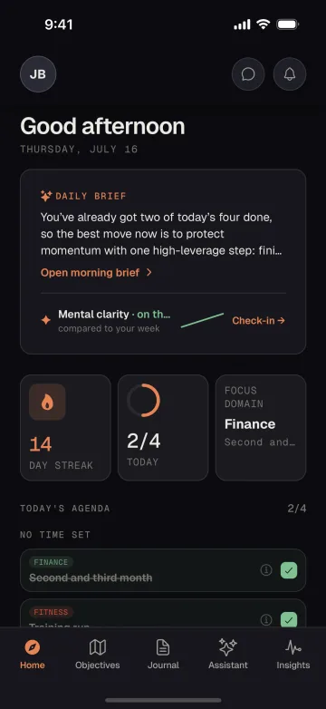 Ascelyo home screen in English with the daily brief and today's actions