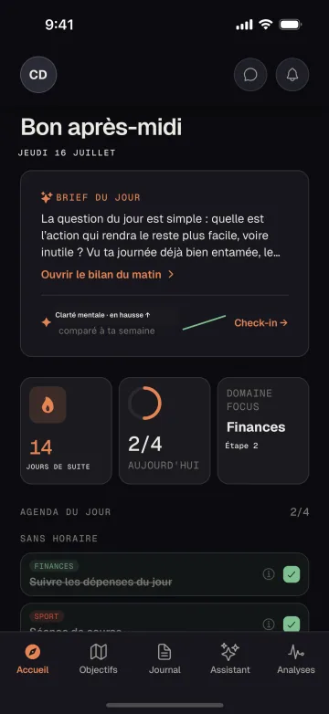 Écran d’accueil Ascelyo en français avec le brief et les actions du jour