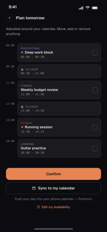 Ascelyo day plan in English arranged around two occupied calendar slots