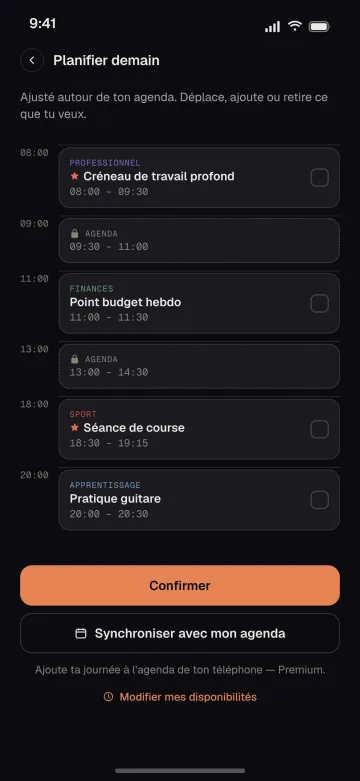Plan de journée Ascelyo en français autour de deux créneaux d’agenda occupés