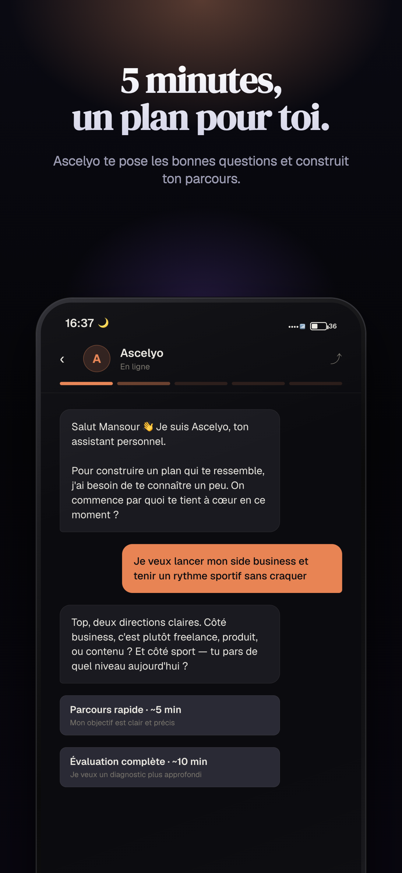 Décomposition d'un objectif en milestones — onboarding Ascelyo iPhone
